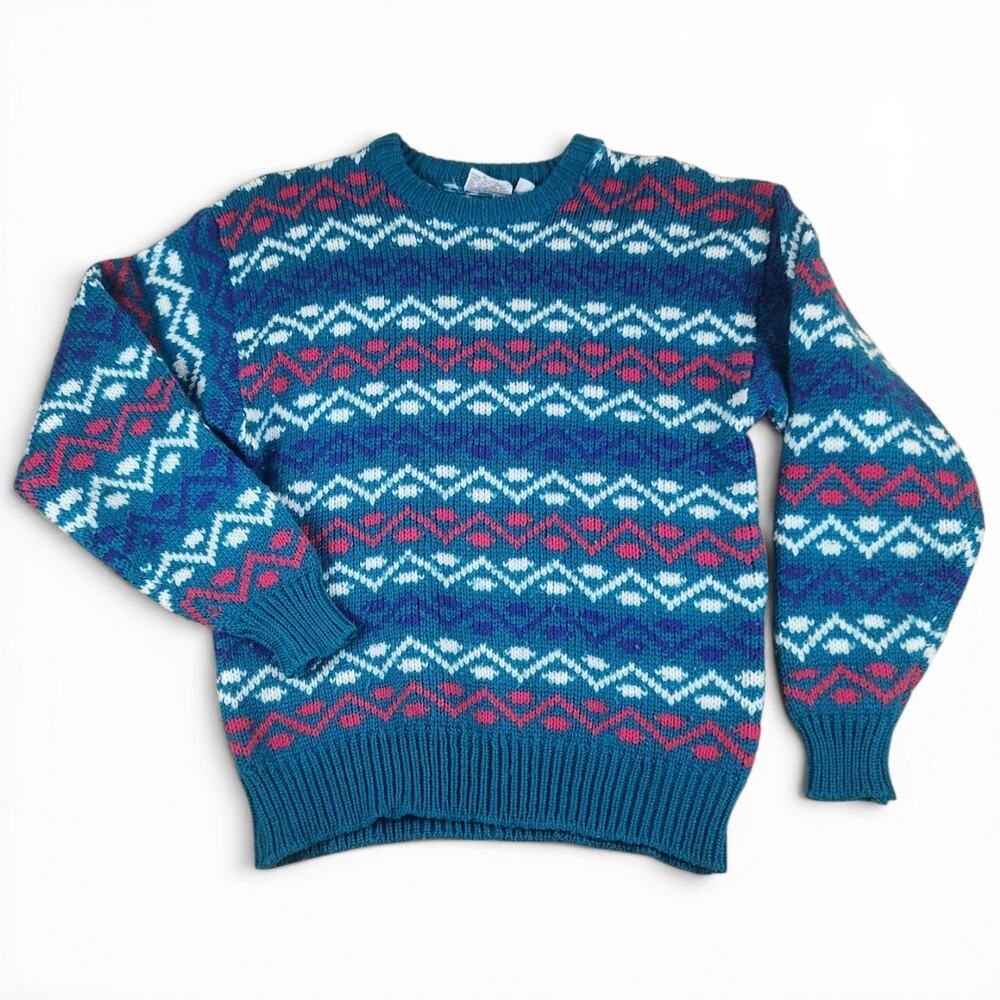 Vtg 80s Great Northwest XL Knit Geo-Stripe Wool Blend Pullover Sweater Crewneck